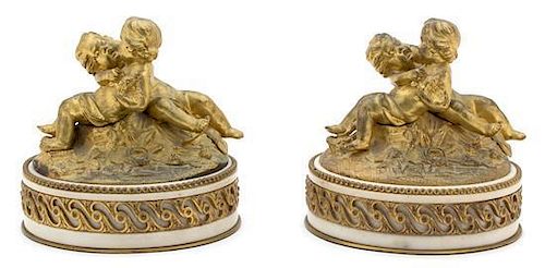 A Pair of Louis XVI Style Gilt Bronze Figures Height 6 1/2 x diameter 7 inches.