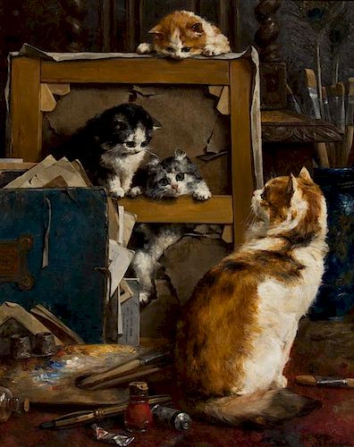 Charles Van Den Eycken II, (Belgian, 1859-1923), Cats at Studio, 1895