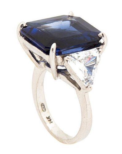 A 14K White Gold Faux Sapphire and Cubic Zirconia Ring