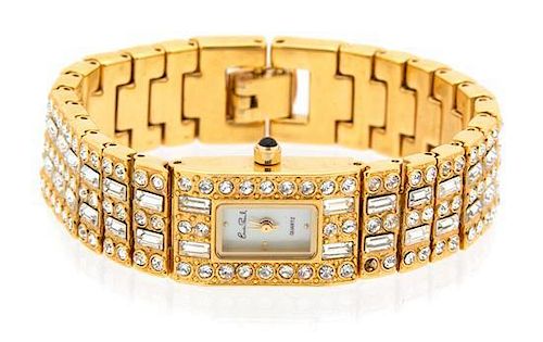 An Erwin Pearl Goldtone and Cubic Zirconia Lady's Wristwatch Length 6 1/2 inches.