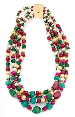A Four Strand Faux Pearl, Green, Pink and Gold Beaded Necklace Length 21 inches.
