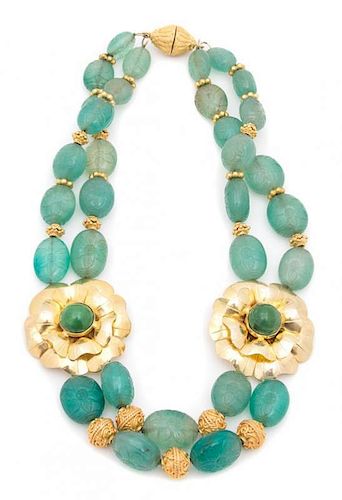 A Two Strand Mexican Silver Vermeil Floral and Carved Green Hardstone Necklace Length 18 inches.