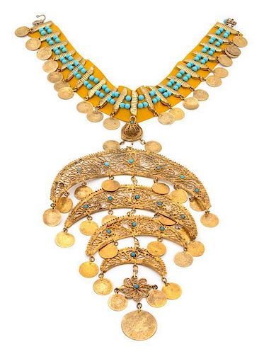 An Indian Goldtone Coin and Turquiose Beaded Choker Height 12 inches.