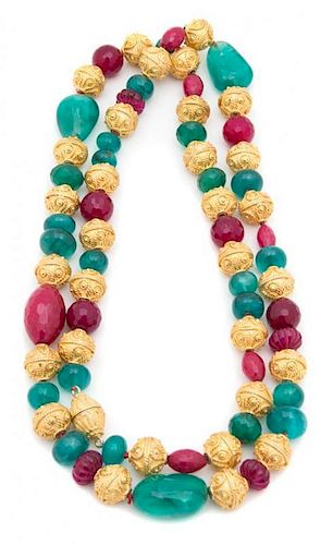A Green, Pink and Gold Beaded Necklace Length 43 inches.
