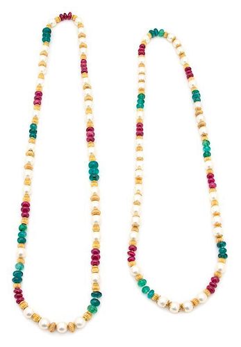 A Pair of Faux Pearl, Pink and Gold Beaded Necklaces Length of longest 37 inches.