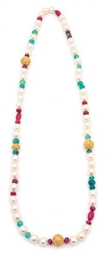 A Faux Pearl, Faceted Pink and Green Beaded Goldtone Necklace Length 36 inches.