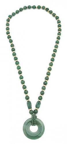 A Green Hardstone Bead and Goldtone Bead Necklace with Earrings Length of longest 32 inches.