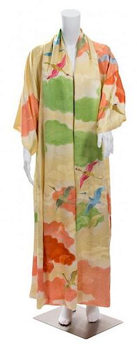 A Japanese Pale Yellow Rinzu Silk Kimono