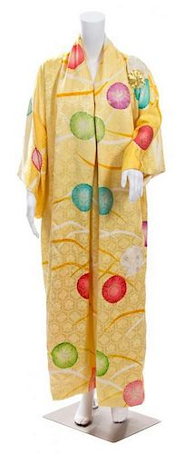 A Japanese Yellow Rinzu Silk Kimono