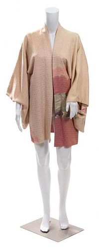A Japanese Pink Rinzu Silk Haori Jacket with Floral Embroidery