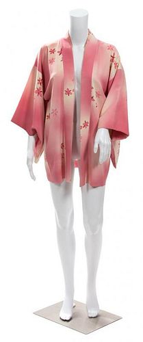 A Japanese Pink Silk Crepe Haori Jacket with Yuzen Design