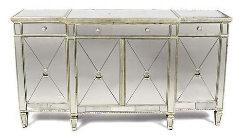 A Venetian Style Glass Mounted Breakfront Console Cabinet Height 38 x width 70 x depth 20 inches.