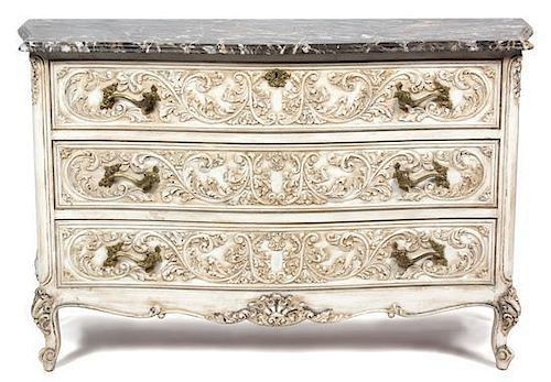 A Louis XV Style Carved and Painted Marble Top Commode Height 34 1/2 x width 53 3/4 x depth 18 inches.