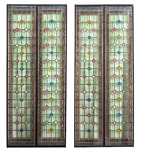 Two Pairs of French Stained Glass Windows Height 67 x width 27 3/4 inches.