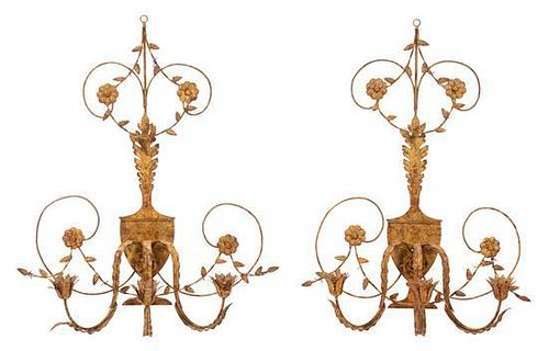 A Pair of French Gilt Metal Three-Light Wall Sconces Height 31 inches.