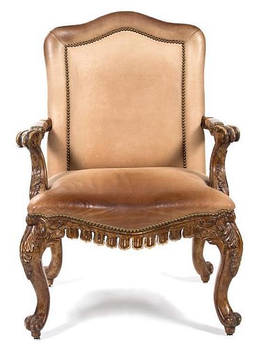 A Georgian Style Carved and Painted Library Chair Height 43 1/2 inches.