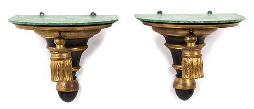 A Pair of Regency Style Ebonized and Gilt Decorated D-Form Wall Brackets Height 12 inches.