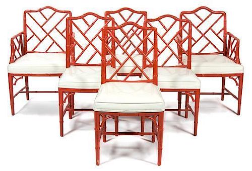 A Group of Six Chinese Chippendale Style Painted Dining Chairs Height 36 inches.