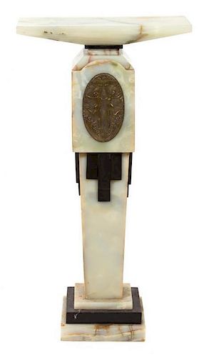 An Art Deco Bronze Mounted Onyx Pedestal Height 42 1/2 inches x width 22 inches x depth 11 1/4 inches.