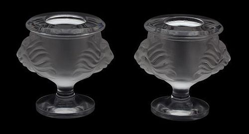 A Pair of Lalique Molded and Frosted Glass Tete de Lion Cigarette Urns Height 3 3/4 inches.