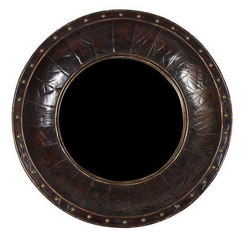 A Contemporary Faux-Leather and Brass Nailhead Mirror Diameter 32 1/2 inches.
