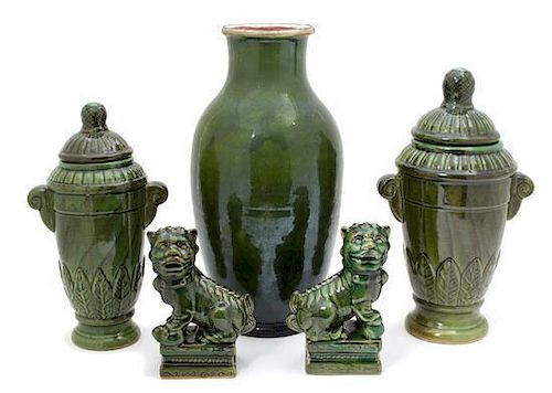 A Group of Five Chinese Ceramic Green Glazed Objects Height of tallest 16 inches.
