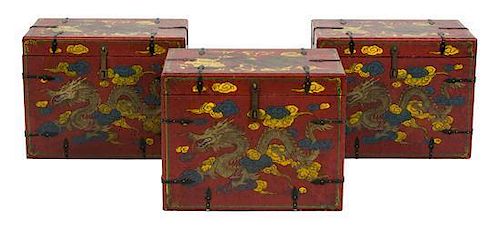 A Group of Three Chinese Lacquered Boxes Height 14 1/2 x width 18 inches.