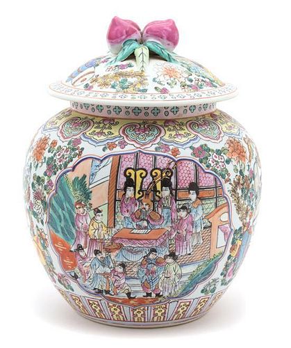 A Chinese Export Famille Rose Covered Jar Height 17 inches.