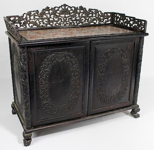 ANGLO-INDIAN CARVED EBONY CABINET WITH INSET MARBLE TOP