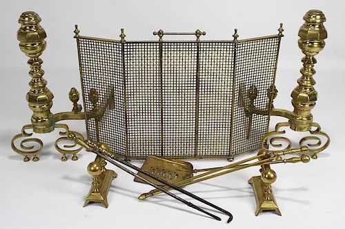 (on 9) SUITE OF BRASS FIREPLACE EQUIPMENT