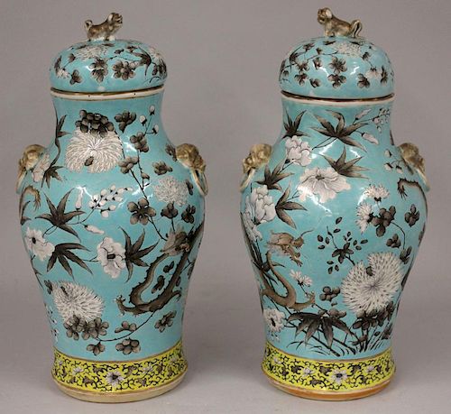 PAIR OF CHINESE TURQUOISE PORCELAIN COVERED JARS
