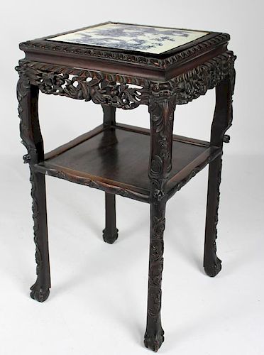 CHINESE CARVED HARDWOOD STAND WITH TILE