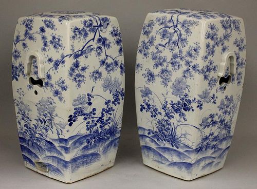 PAIR OF ASIAN BLUE AND WHITE  GARDEN BARRELS