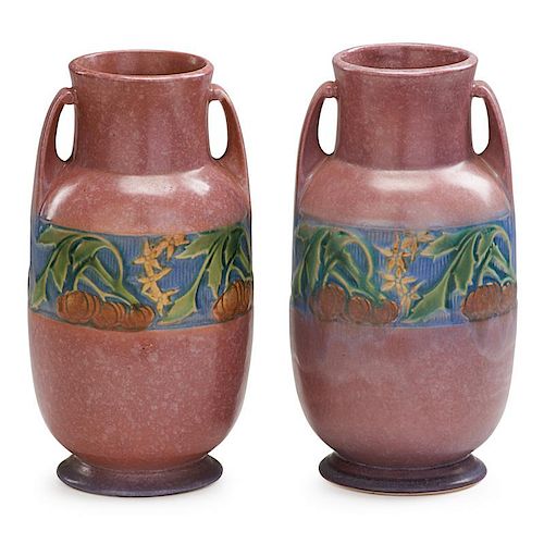 ROSEVILLE Two 9" pink Baneda vases