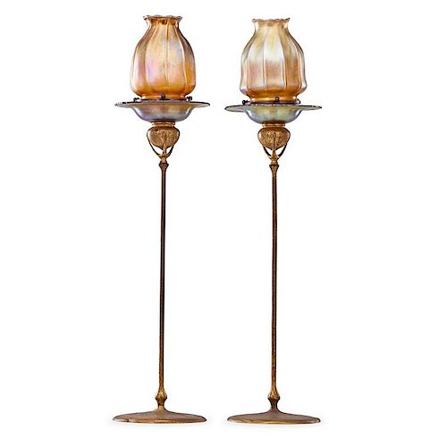 TIFFANY STUDIOS Pair of gold Favrile candlesticks