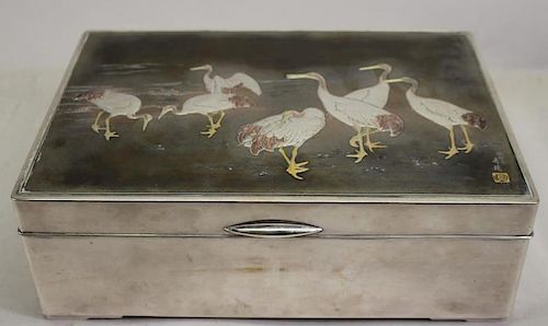 Japanese Meiji Period Silver Box, Gold Egrets