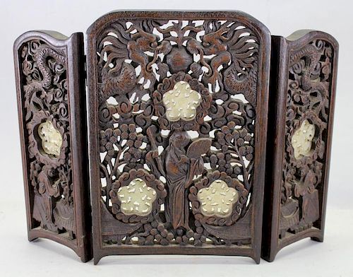 Chinese Carved Wooden/Jade Table Screen