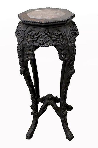 Chinese Carved Table with Marble Inset