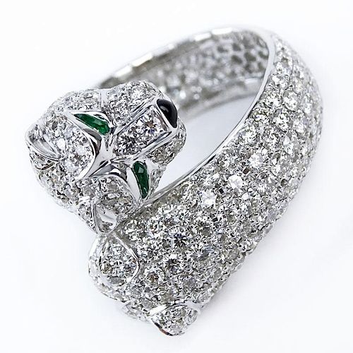 Cartier style Approx. 6.08 Carat Micro Pave Set Round Brilliant Cut Diamond and 18 Karat White Gold Panther Ring with Emerald