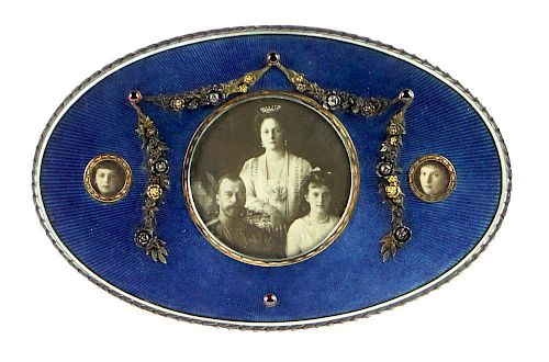 Early 20th Century Russian Silver and Gold Mounted Enamel Easel Photo Frame with Ivory Backing and Inset Cabochon Rubies. Sig
