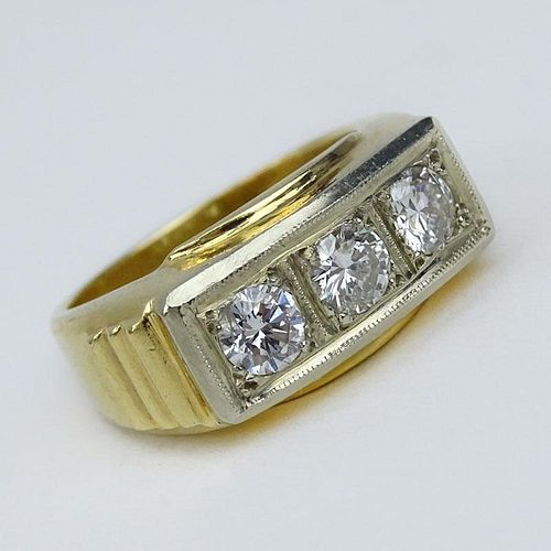 Men's Vintage Round Brilliant Cut Diamond and 14 Karat Yellow Gold Three Stone Ring.