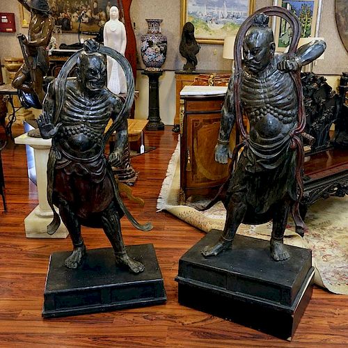Pair of Large Impressive Japanese Polychrome Bronze and Metal Sculptures, Models of Deva King.