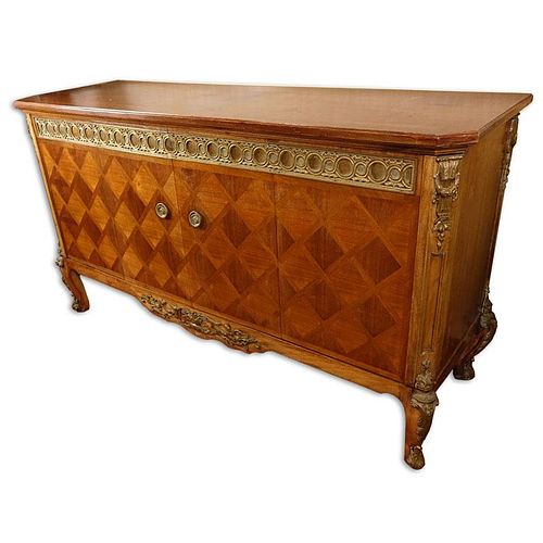 Mid Century Carved and Inlaid Console Table with Brass Fittings.