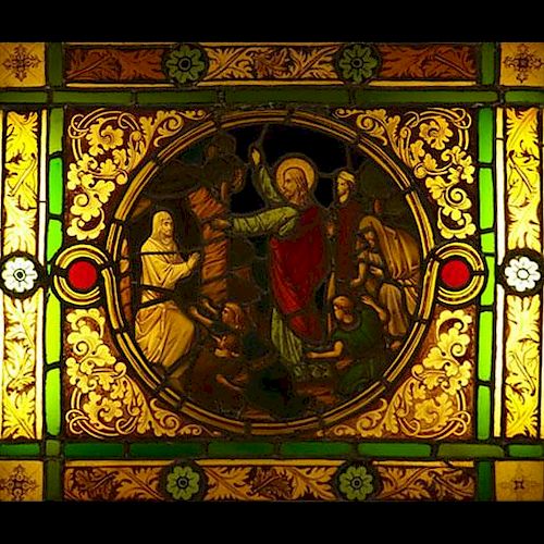 Antique German Hand Painted Stained Glass Window, Religious Scene, in Wooden Frame.