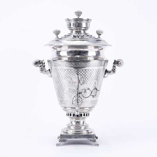 Impressive Large Antique Russian 84 Silver Samovar. Stamped with Pavel Akimov Ovchinnikov makers mark and 84 silver standard 