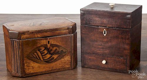 Two English mahogany tea caddies, ca. 1800, 6 3/4'' h., 5 3/4'' w. and 5'' h., 7 1/4'' w.