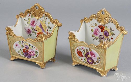Pair of Mason's Ironstone wall pockets, 19th c., with painted floral and gilt decoration, 6 3/4'' h.