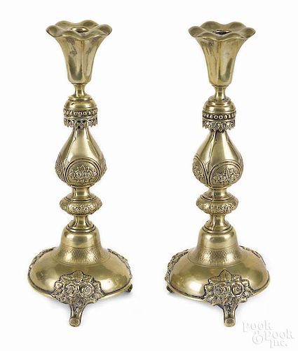 Pair of Polish silver-plated Sabbath candlesticks by Norblin & Co., late 19th c., 13 1/4'' h.