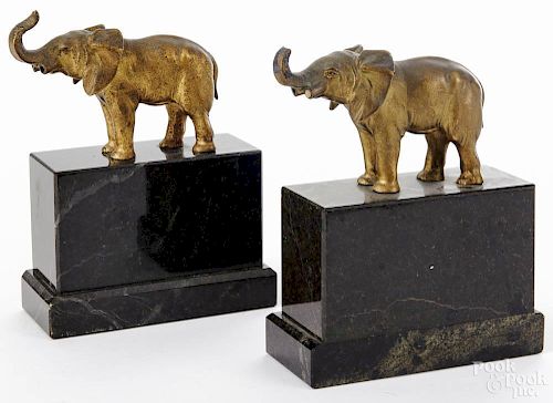 Pair of German bronzed elephant bookends, ca. 1900, on marble bases, 6'' h.