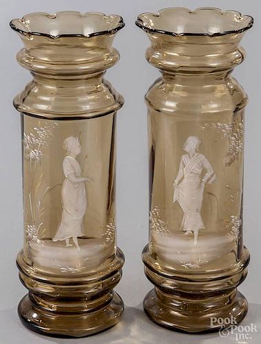 Pair of Mary Gregory enamel decorated glass vases, 11'' h.